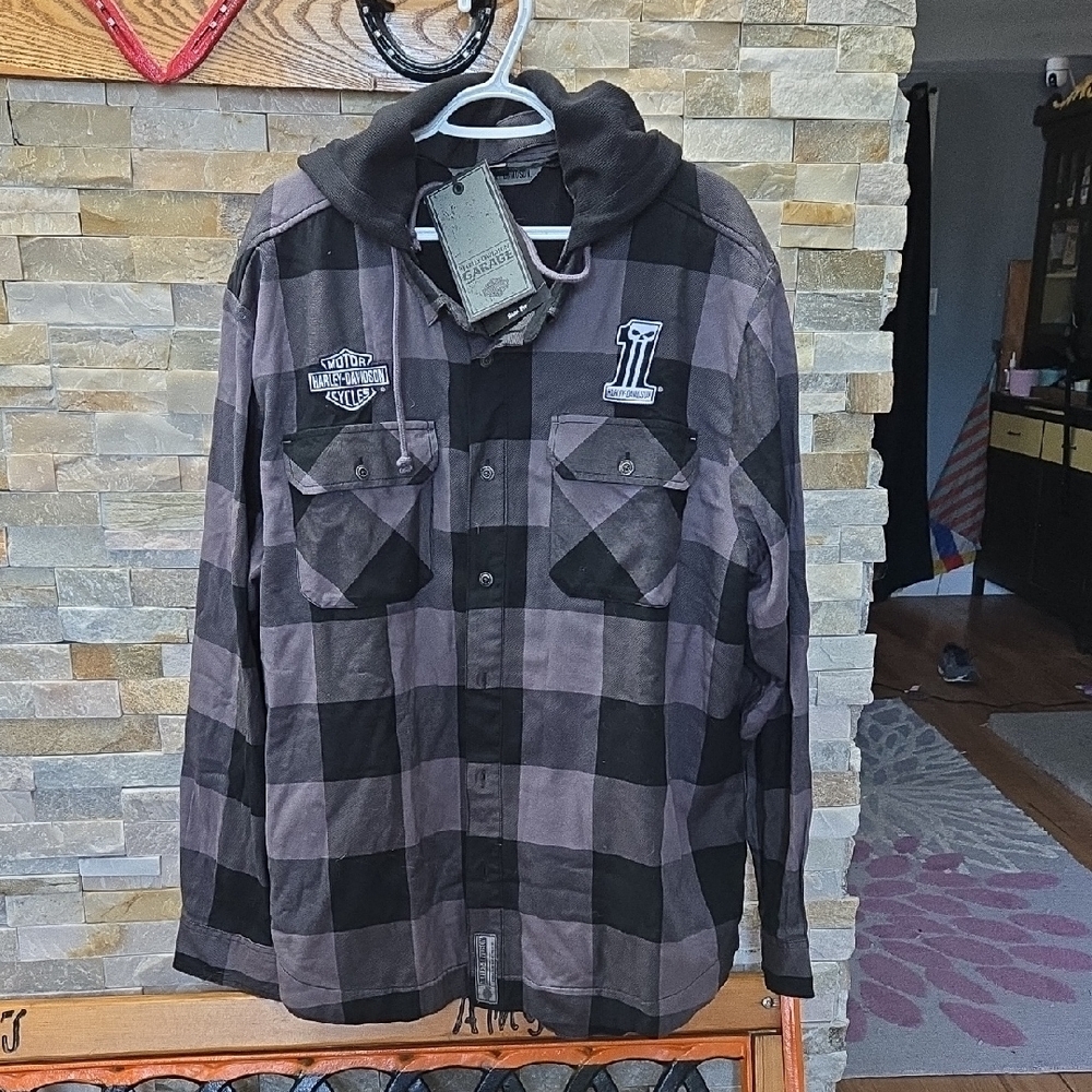 Harley-Davidson Black and Dark Gray Checkered Hoodie Shirt